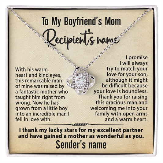 Gift for Boyfriend's Mom, To My Boyfriend's Mom Necklace Personalized, Mother's Day Birthday & Xmas Ideas, Custom Beige - Love Knot #e275