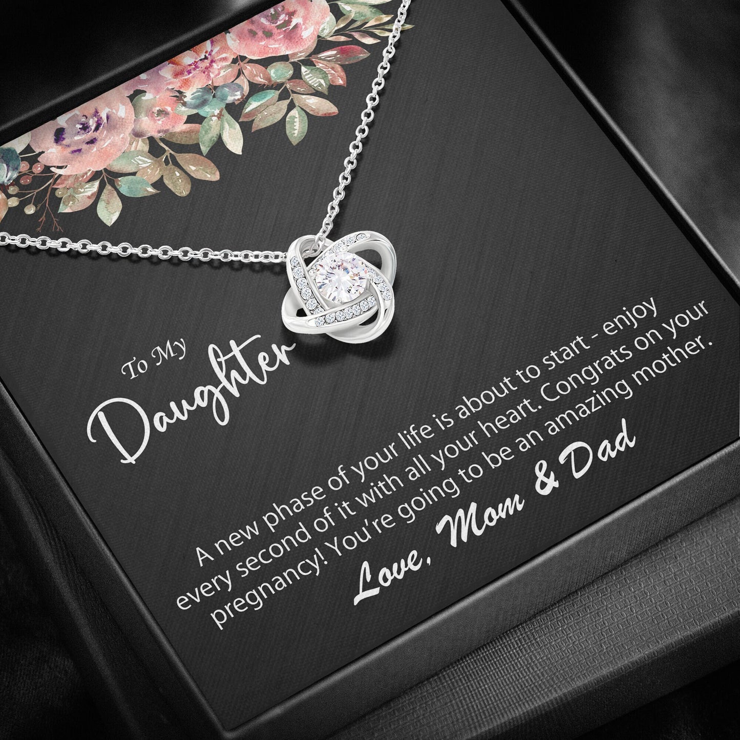 To My Daughter Pregnancy Necklace Gift For Her, 14K White Gold, 18K Yellow Gold Gift For Daughter, Jewelry Custom Gift Card From Mom & Dad