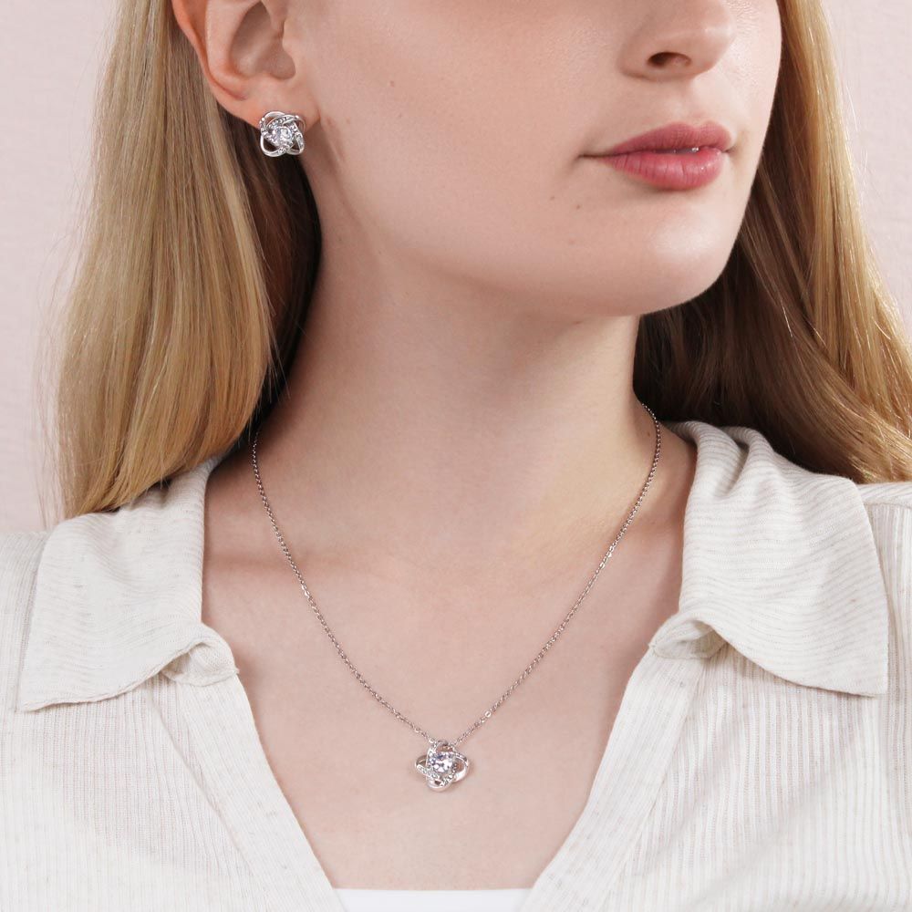 Love Knot Earrings & Necklace Set - 14K White Gold Gift For Her #e76