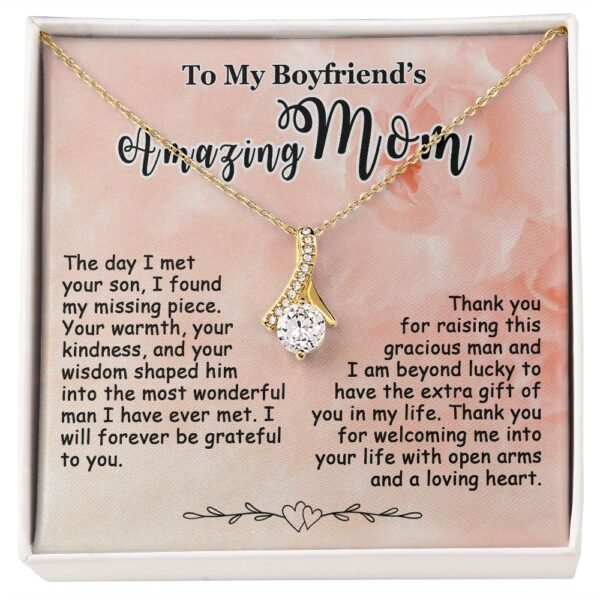 Gifts for Boyfriend's Mom: To My Boyfriend's Mom Necklace, Mother's Day & Birthday Ideas, Message Card Alluring Beauty Present For BF’s Mother. Matched with a thoughtful message card.